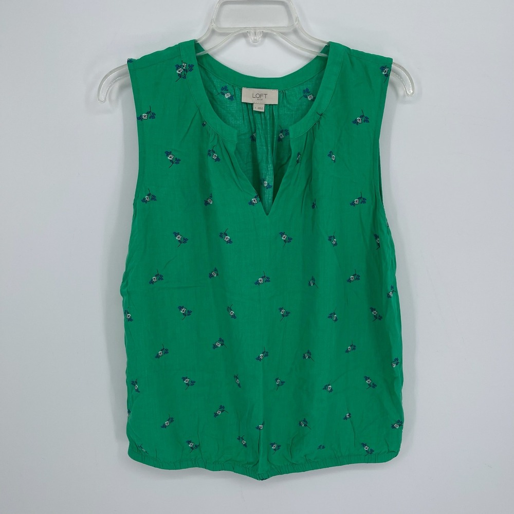 LOFT Women's Green Floral Split Neck Pleated Back Sleeveless Blouse Size L